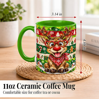 #pl[11oz|Green] Stained Glass Style Reindeer Coffee Mug, Christmas Deer Mug, Ceramic Cup