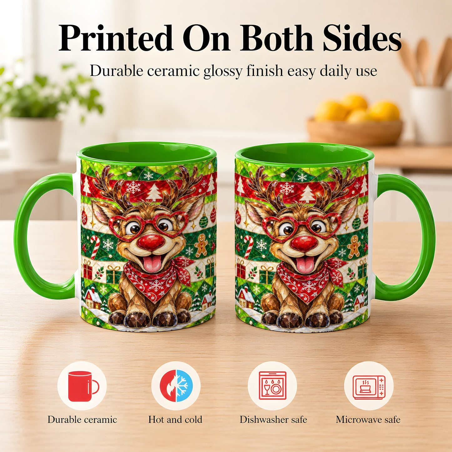 #pl[11oz|Green] Stained Glass Style Reindeer Coffee Mug, Christmas Deer Mug, Ceramic Cup