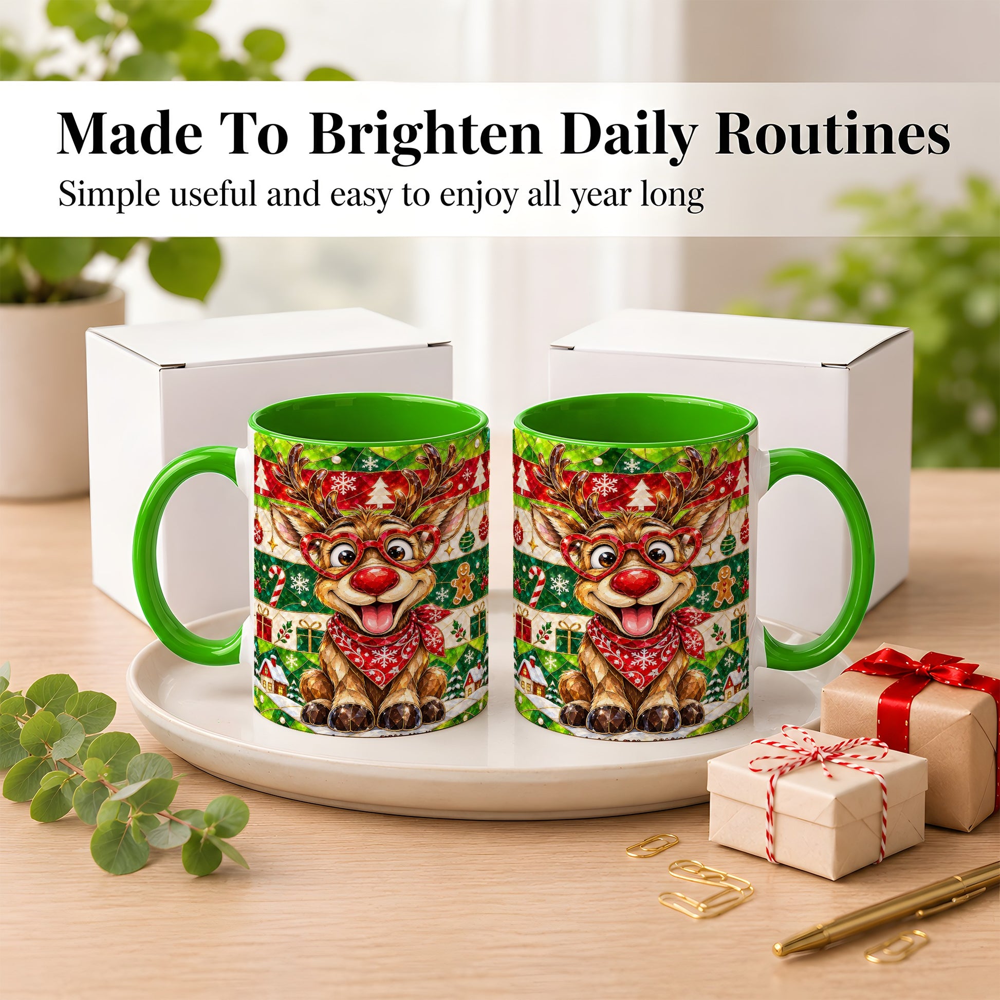 #pl[11oz|Green] Stained Glass Style Reindeer Coffee Mug, Christmas Deer Mug, Ceramic Cup