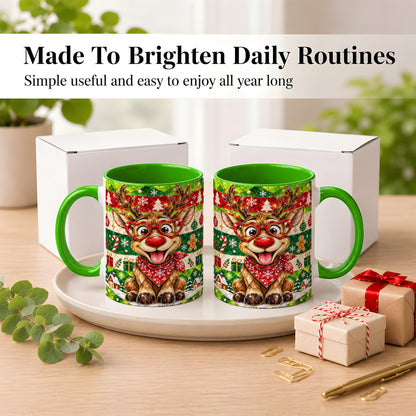 #pl[11oz|Green] Stained Glass Style Reindeer Coffee Mug, Christmas Deer Mug, Ceramic Cup