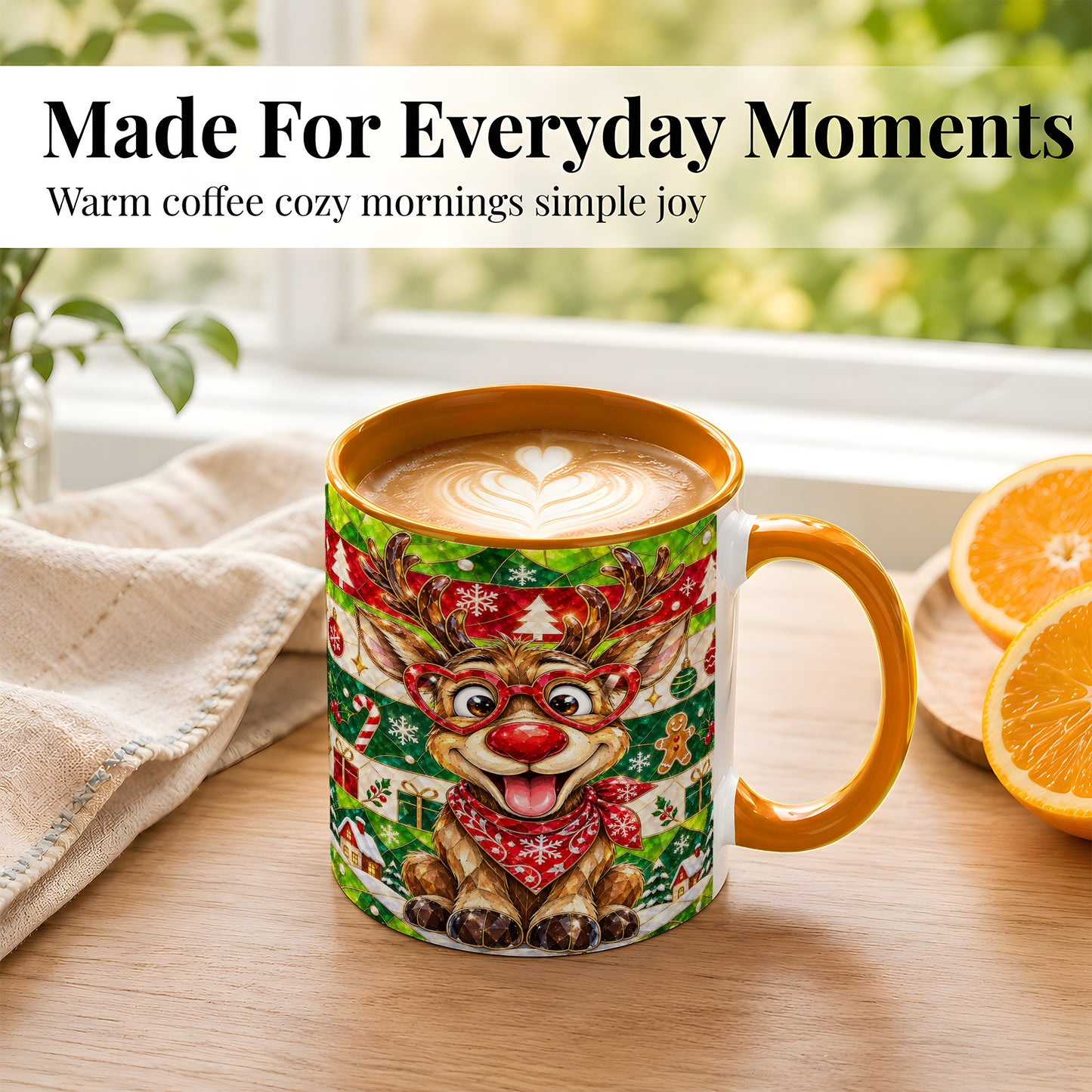 #pl[11oz|Orange] Stained Glass Style Reindeer Coffee Mug, Christmas Deer Mug, Ceramic Cup
