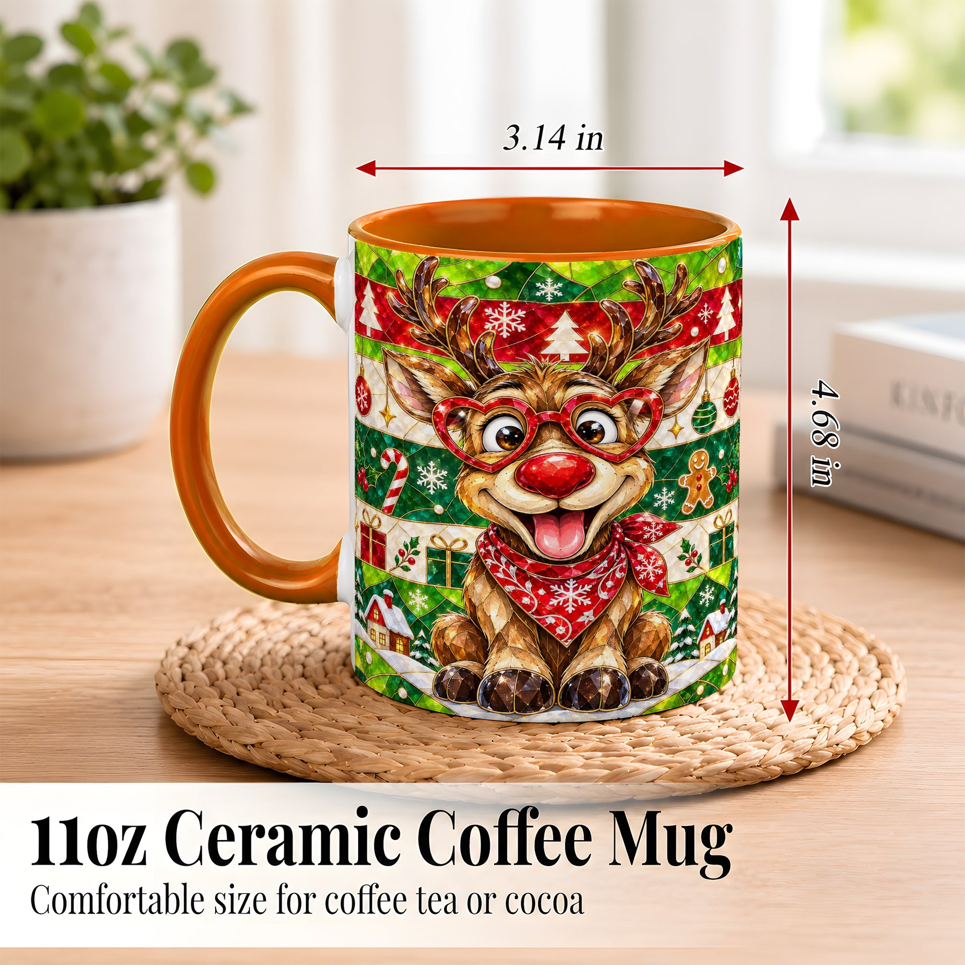 #pl[11oz|Orange] Stained Glass Style Reindeer Coffee Mug, Christmas Deer Mug, Ceramic Cup