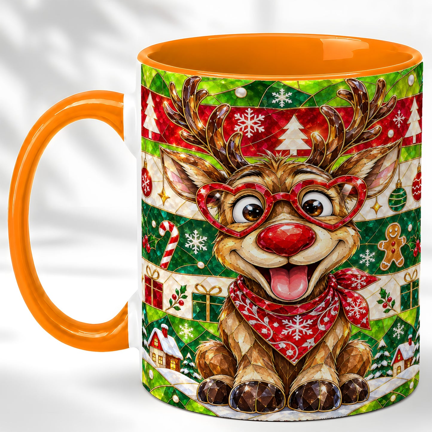 #pl[11oz|Orange] Stained Glass Style Reindeer Coffee Mug, Christmas Deer Mug, Ceramic Cup