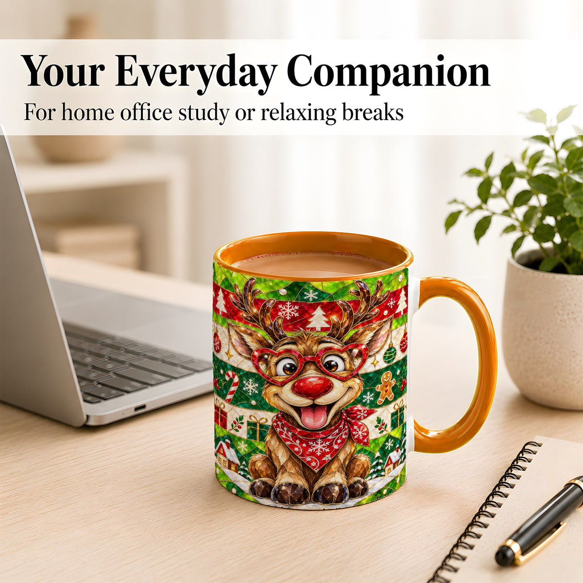 #pl[11oz|Orange] Stained Glass Style Reindeer Coffee Mug, Christmas Deer Mug, Ceramic Cup