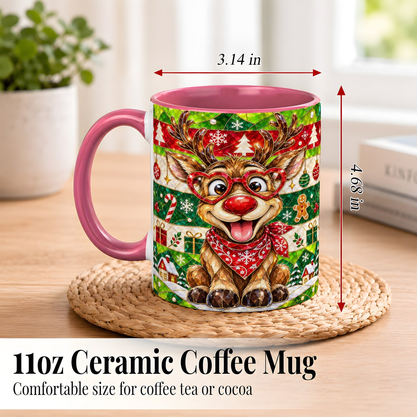 #pl[11oz|Pink] Stained Glass Style Reindeer Coffee Mug, Christmas Deer Mug, Ceramic Cup