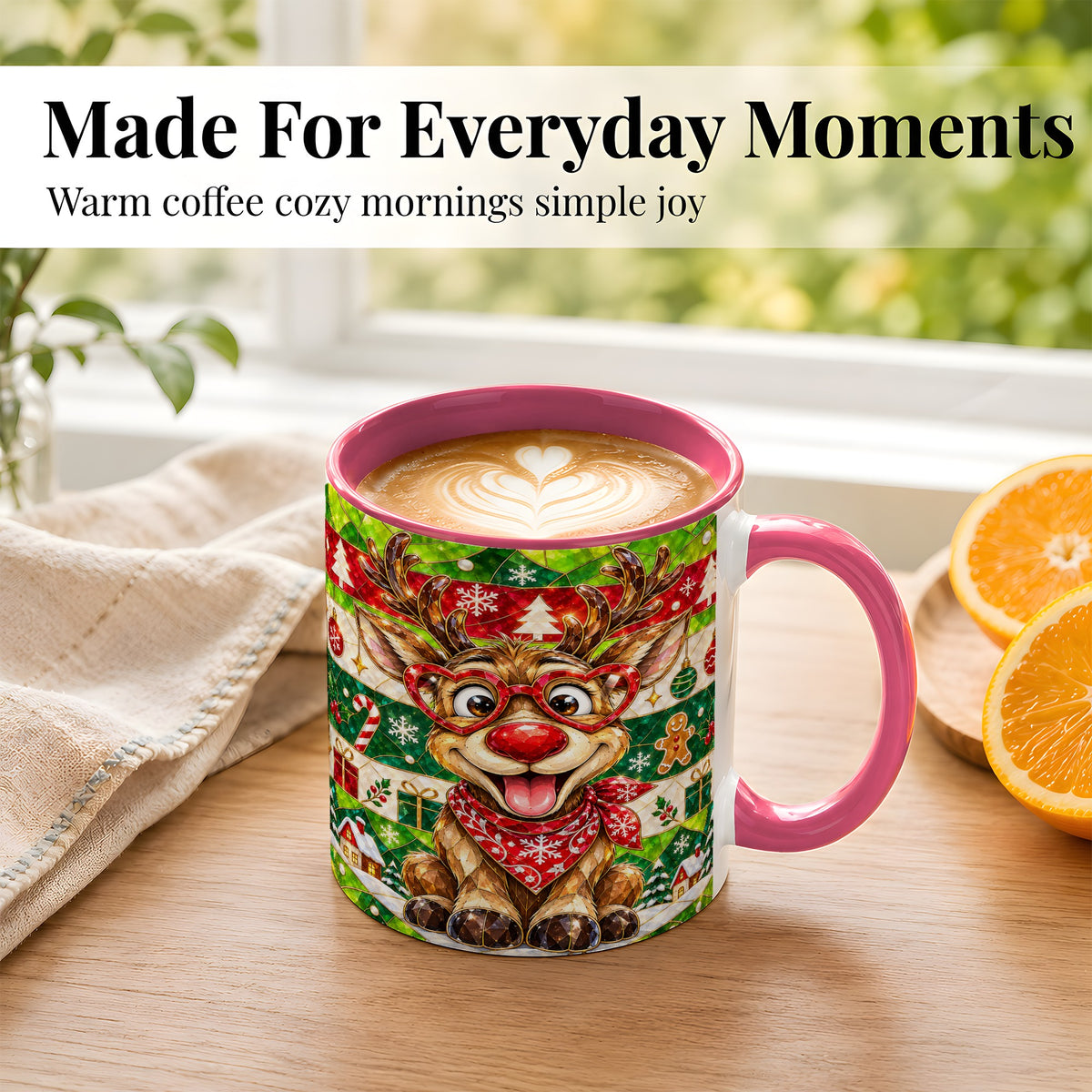#pl[11oz|Pink] Stained Glass Style Reindeer Coffee Mug, Christmas Deer Mug, Ceramic Cup