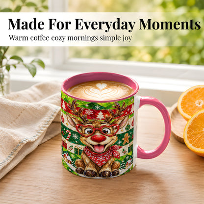 #pl[11oz|Pink] Stained Glass Style Reindeer Coffee Mug, Christmas Deer Mug, Ceramic Cup