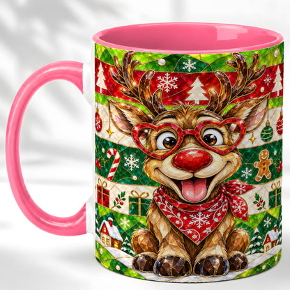#pl[11oz|Pink] Stained Glass Style Reindeer Coffee Mug, Christmas Deer Mug, Ceramic Cup