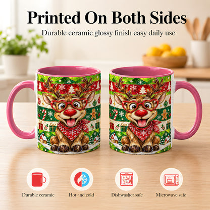 #pl[11oz|Pink] Stained Glass Style Reindeer Coffee Mug, Christmas Deer Mug, Ceramic Cup