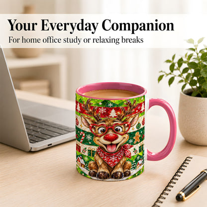 #pl[11oz|Pink] Stained Glass Style Reindeer Coffee Mug, Christmas Deer Mug, Ceramic Cup