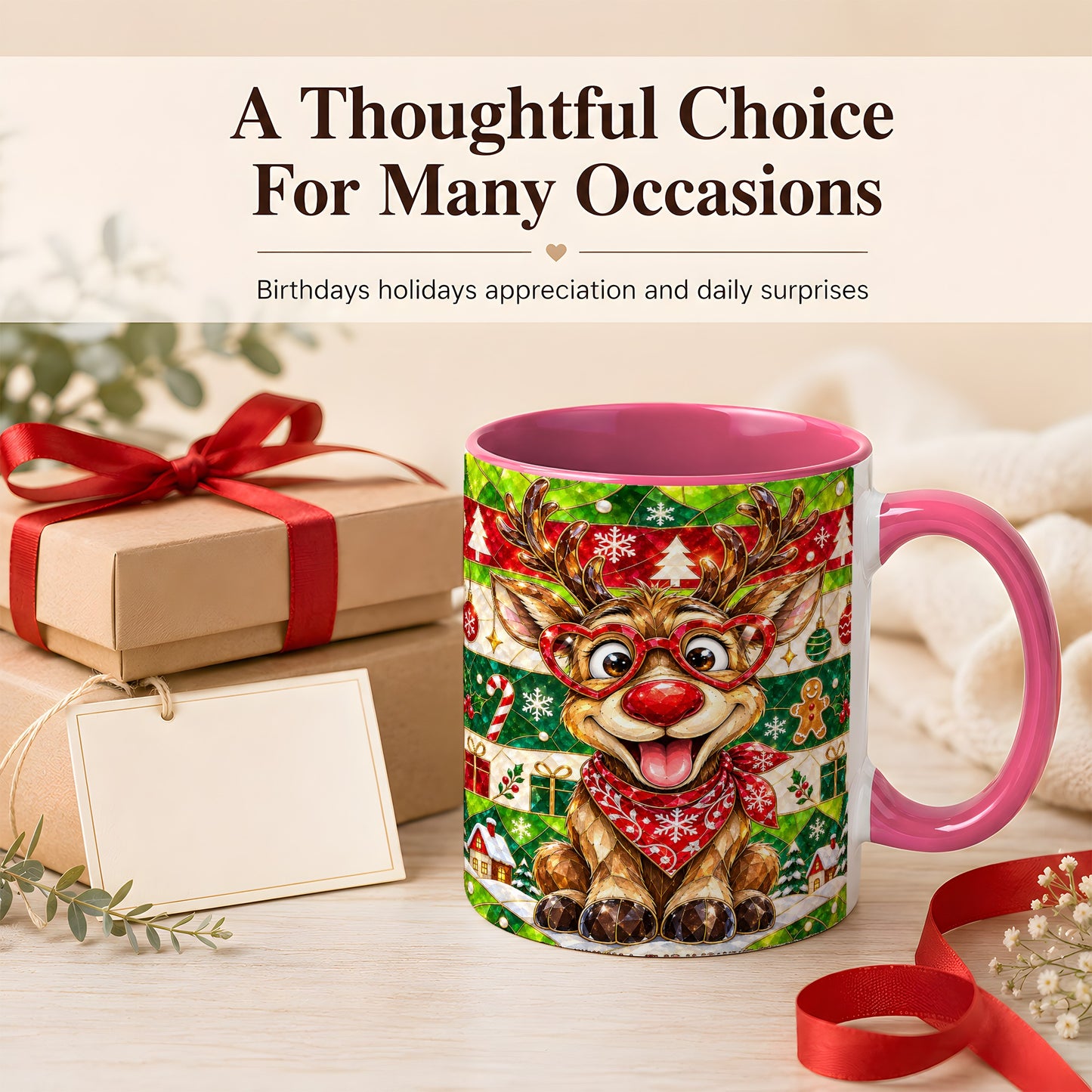 #pl[11oz|Pink] Stained Glass Style Reindeer Coffee Mug, Christmas Deer Mug, Ceramic Cup