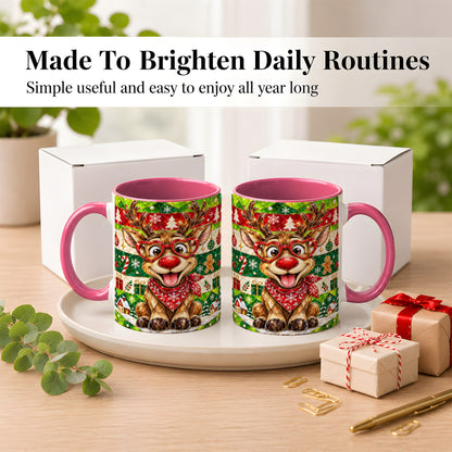 #pl[11oz|Pink] Stained Glass Style Reindeer Coffee Mug, Christmas Deer Mug, Ceramic Cup
