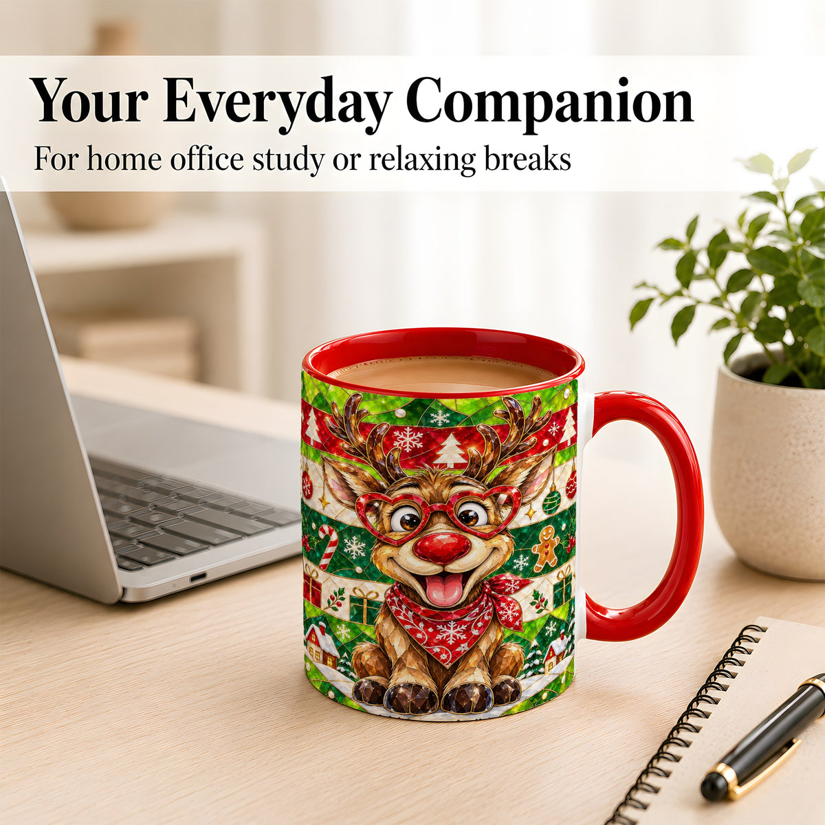 #pl[11oz|Red] Stained Glass Style Reindeer Coffee Mug, Christmas Deer Mug, Ceramic Cup