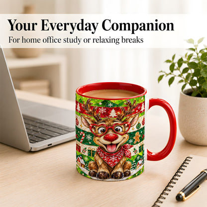 #pl[11oz|Red] Stained Glass Style Reindeer Coffee Mug, Christmas Deer Mug, Ceramic Cup