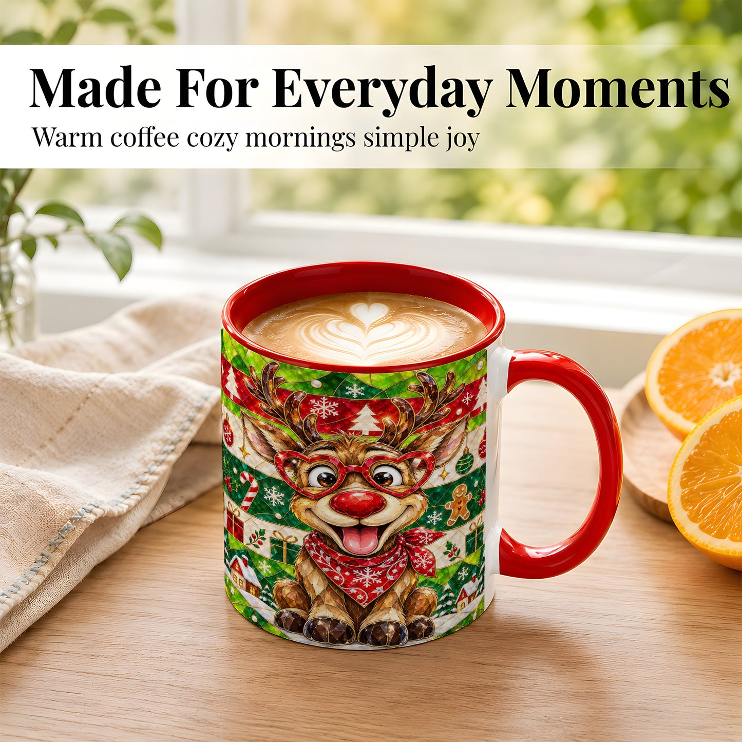 #pl[11oz|Red] Stained Glass Style Reindeer Coffee Mug, Christmas Deer Mug, Ceramic Cup