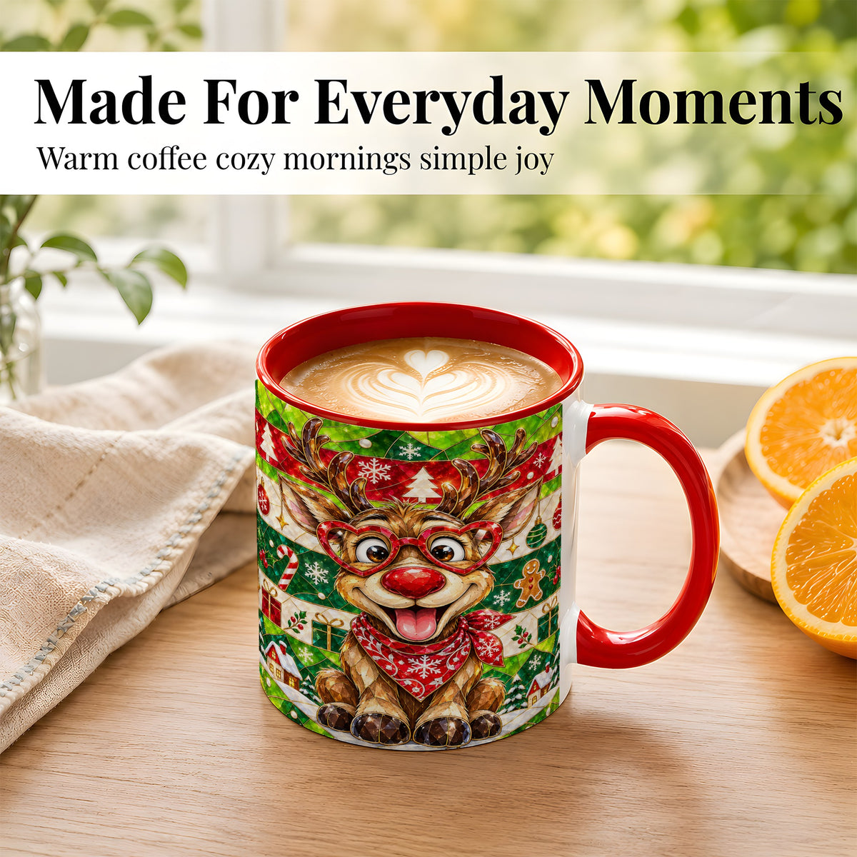#pl[11oz|Red] Stained Glass Style Reindeer Coffee Mug, Christmas Deer Mug, Ceramic Cup