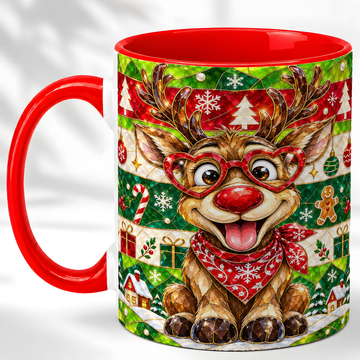 Stained Glass Style Reindeer Coffee Mug, Christmas Deer Mug, Ceramic Cup