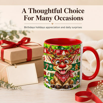 #pl[11oz|Red] Stained Glass Style Reindeer Coffee Mug, Christmas Deer Mug, Ceramic Cup