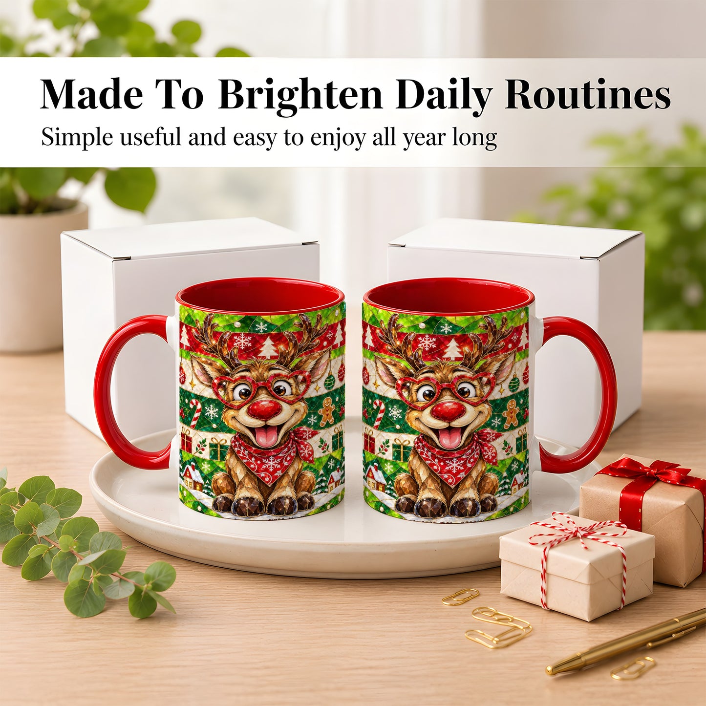 #pl[11oz|Red] Stained Glass Style Reindeer Coffee Mug, Christmas Deer Mug, Ceramic Cup