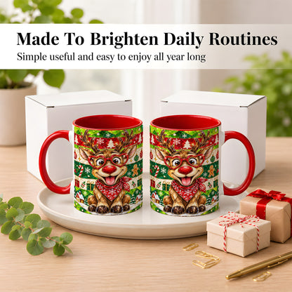 #pl[11oz|Red] Stained Glass Style Reindeer Coffee Mug, Christmas Deer Mug, Ceramic Cup