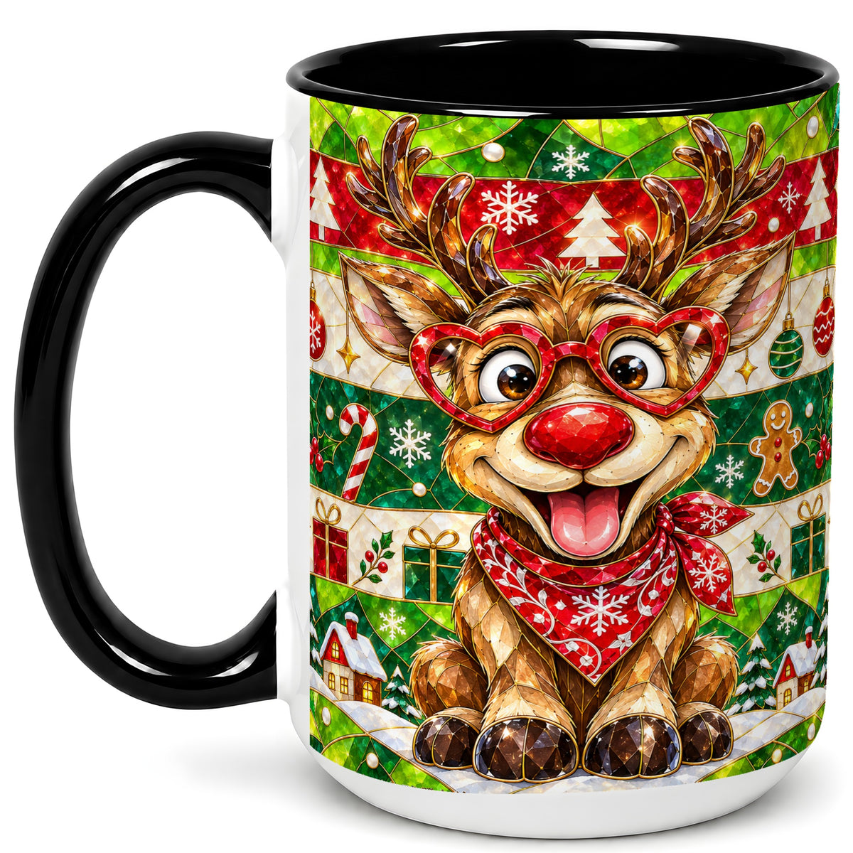 #pl[15oz|Black] Stained Glass Style Reindeer Coffee Mug, Christmas Deer Mug, Ceramic Cup