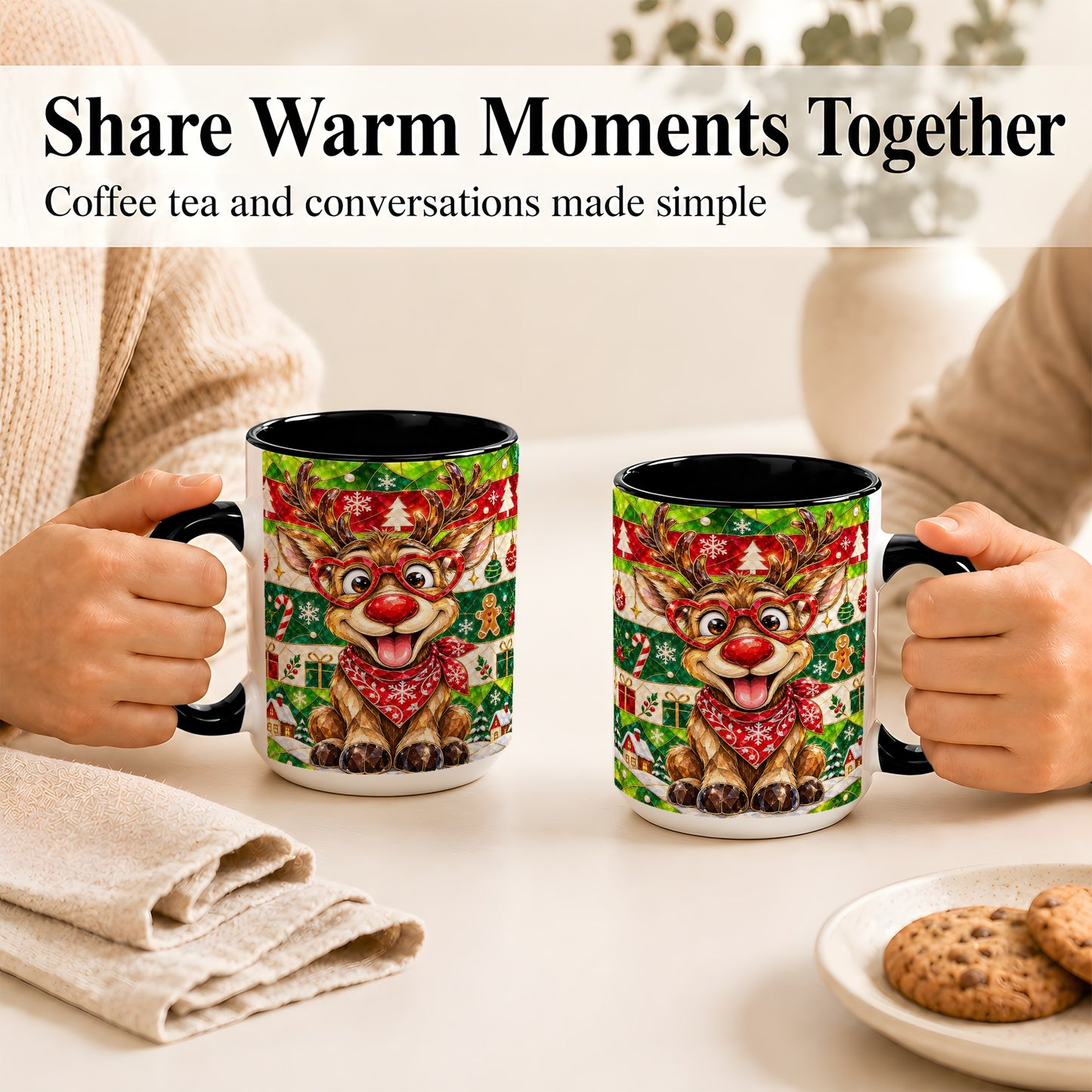 #pl[15oz|Black] Stained Glass Style Reindeer Coffee Mug, Christmas Deer Mug, Ceramic Cup