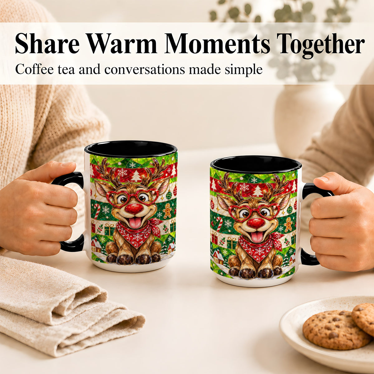 #pl[15oz|Black] Stained Glass Style Reindeer Coffee Mug, Christmas Deer Mug, Ceramic Cup