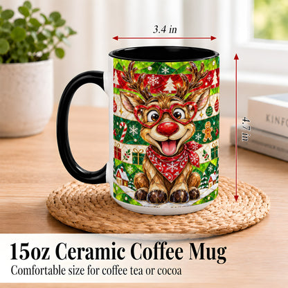 #pl[15oz|Black] Stained Glass Style Reindeer Coffee Mug, Christmas Deer Mug, Ceramic Cup