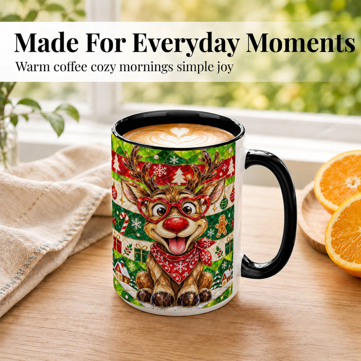 #pl[15oz|Black] Stained Glass Style Reindeer Coffee Mug, Christmas Deer Mug, Ceramic Cup