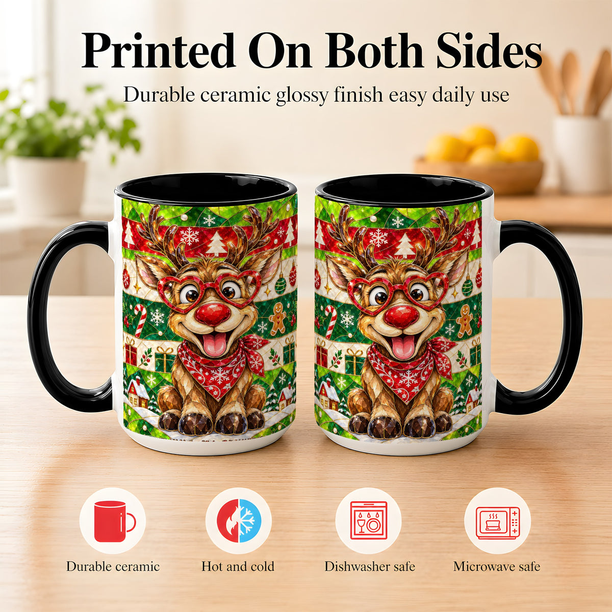 #pl[15oz|Black] Stained Glass Style Reindeer Coffee Mug, Christmas Deer Mug, Ceramic Cup