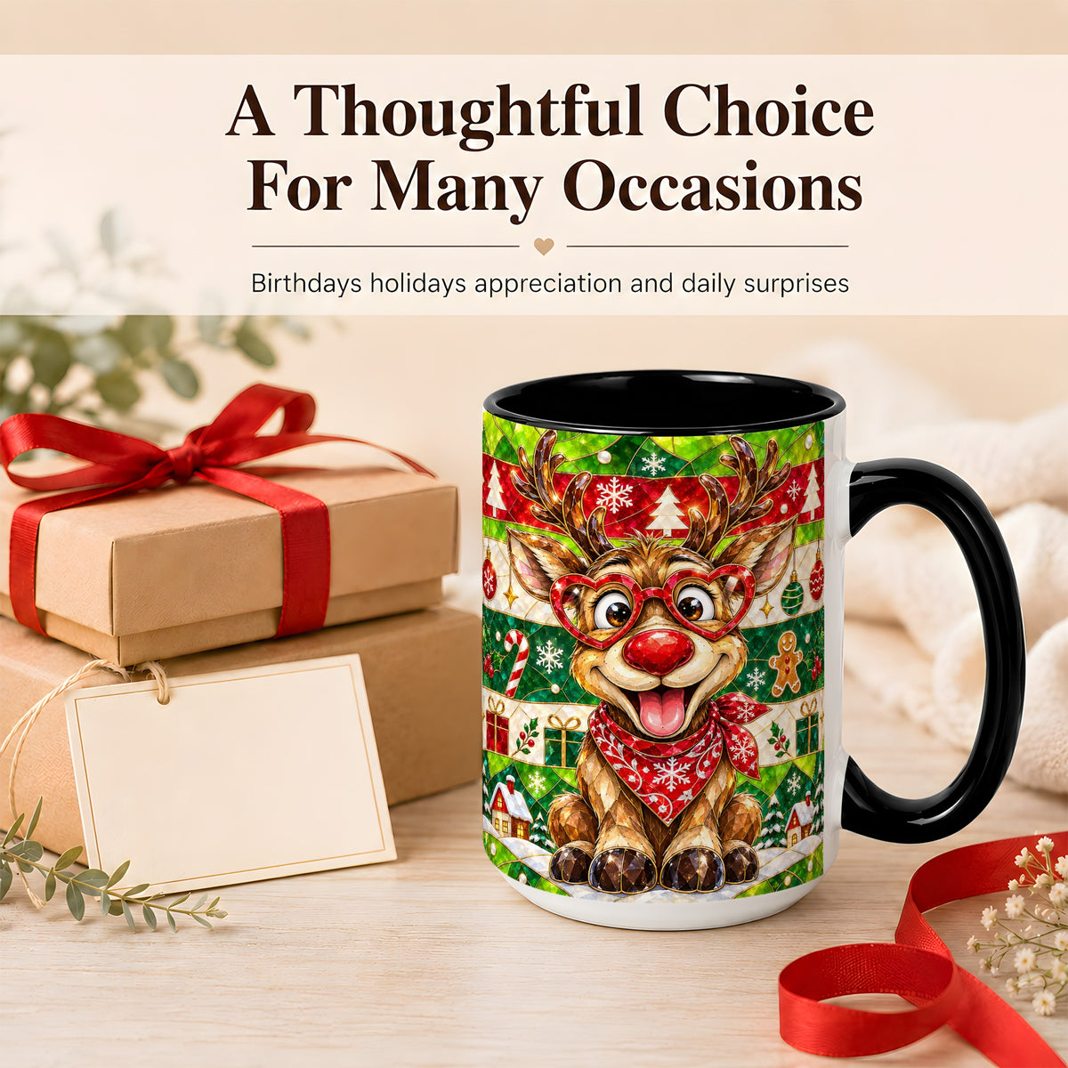 #pl[15oz|Black] Stained Glass Style Reindeer Coffee Mug, Christmas Deer Mug, Ceramic Cup
