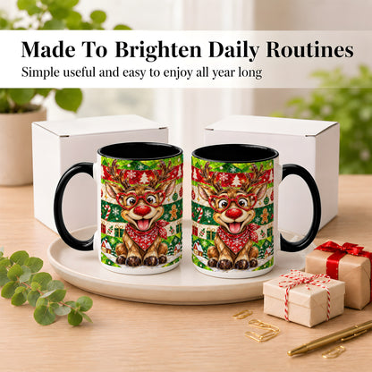 #pl[15oz|Black] Stained Glass Style Reindeer Coffee Mug, Christmas Deer Mug, Ceramic Cup