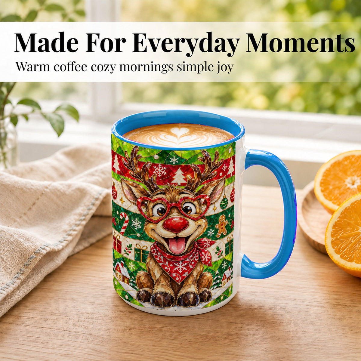 #pl[15oz|Blue] Stained Glass Style Reindeer Coffee Mug, Christmas Deer Mug, Ceramic Cup