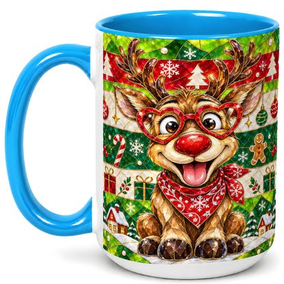 #pl[15oz|Blue] Stained Glass Style Reindeer Coffee Mug, Christmas Deer Mug, Ceramic Cup