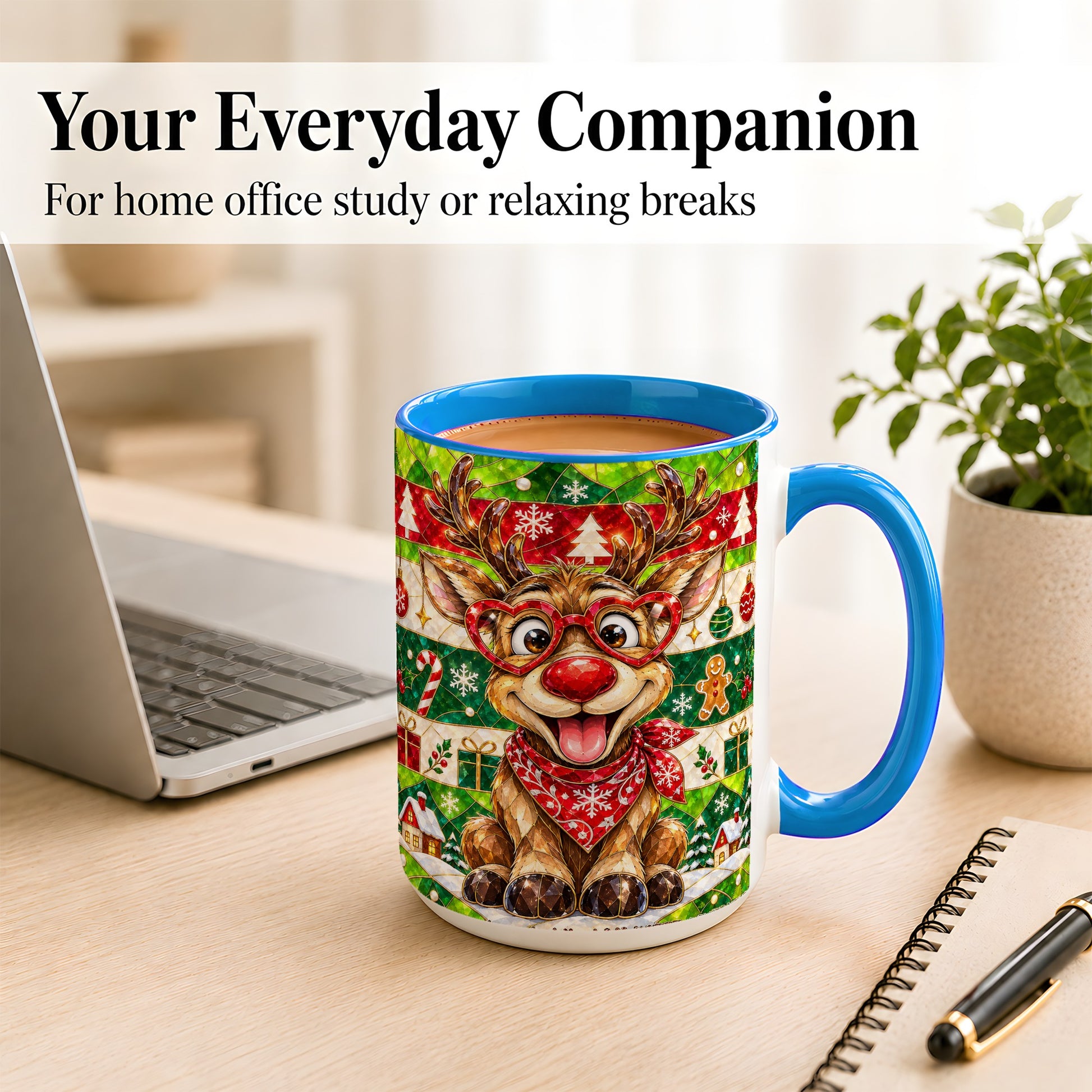 #pl[15oz|Blue] Stained Glass Style Reindeer Coffee Mug, Christmas Deer Mug, Ceramic Cup