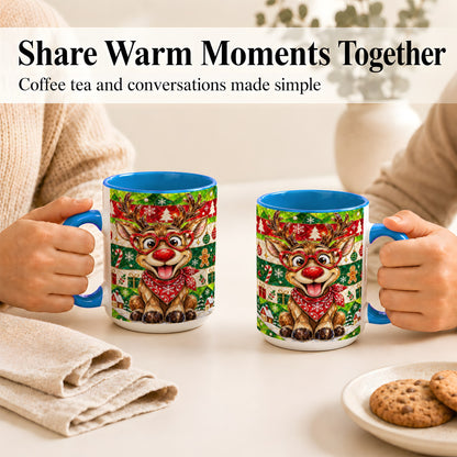 #pl[15oz|Blue] Stained Glass Style Reindeer Coffee Mug, Christmas Deer Mug, Ceramic Cup