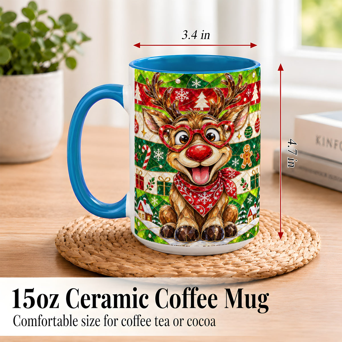 #pl[15oz|Blue] Stained Glass Style Reindeer Coffee Mug, Christmas Deer Mug, Ceramic Cup
