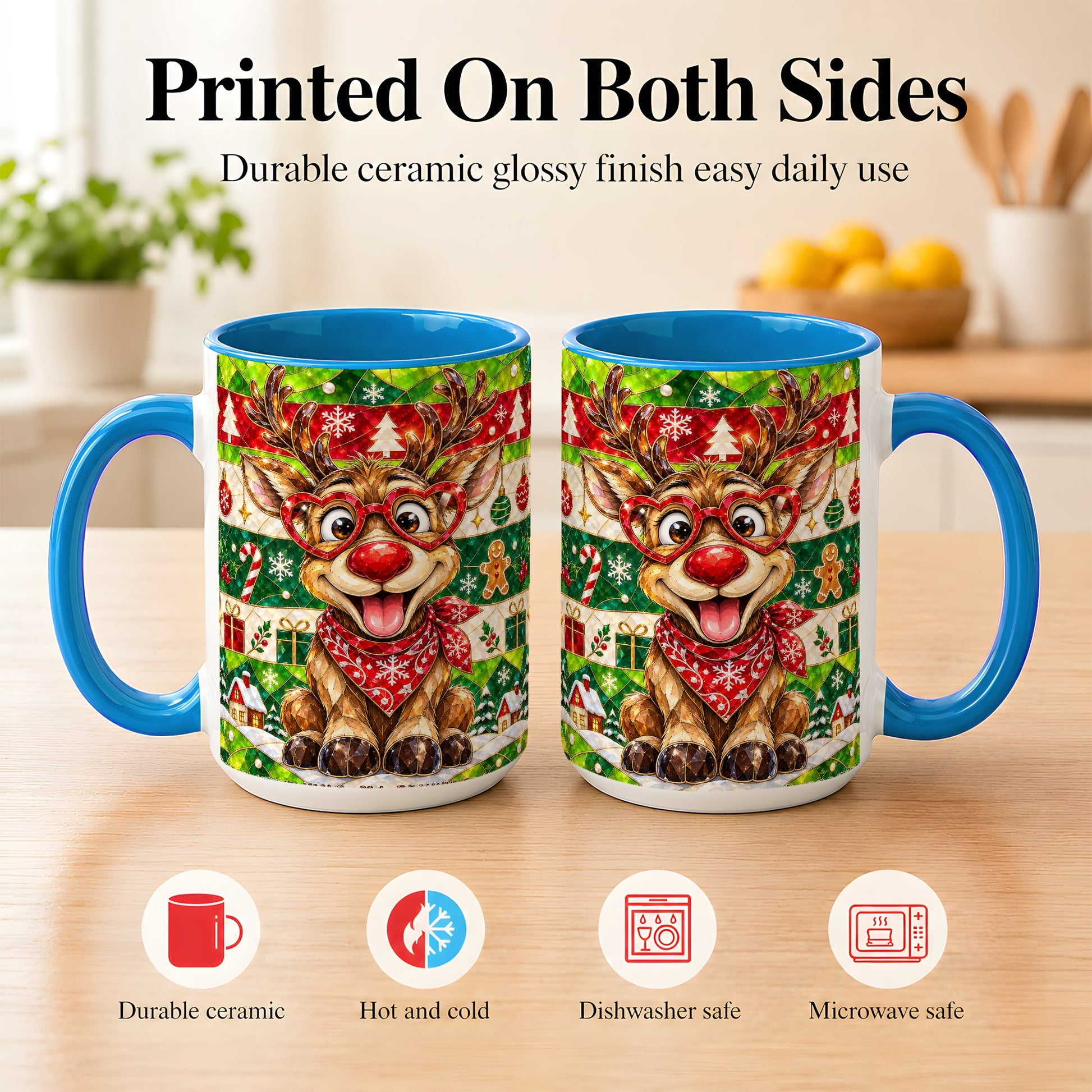 #pl[15oz|Blue] Stained Glass Style Reindeer Coffee Mug, Christmas Deer Mug, Ceramic Cup