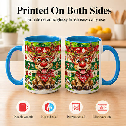 #pl[15oz|Blue] Stained Glass Style Reindeer Coffee Mug, Christmas Deer Mug, Ceramic Cup