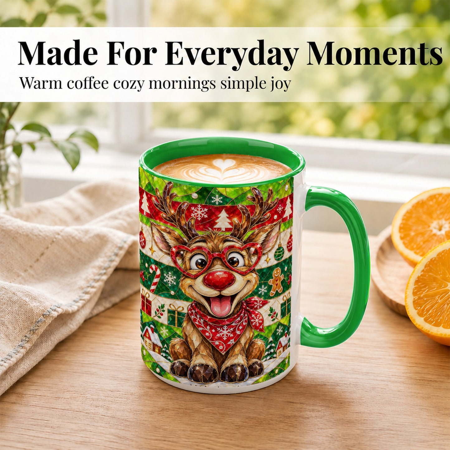 #pl[15oz|Green] Stained Glass Style Reindeer Coffee Mug, Christmas Deer Mug, Ceramic Cup