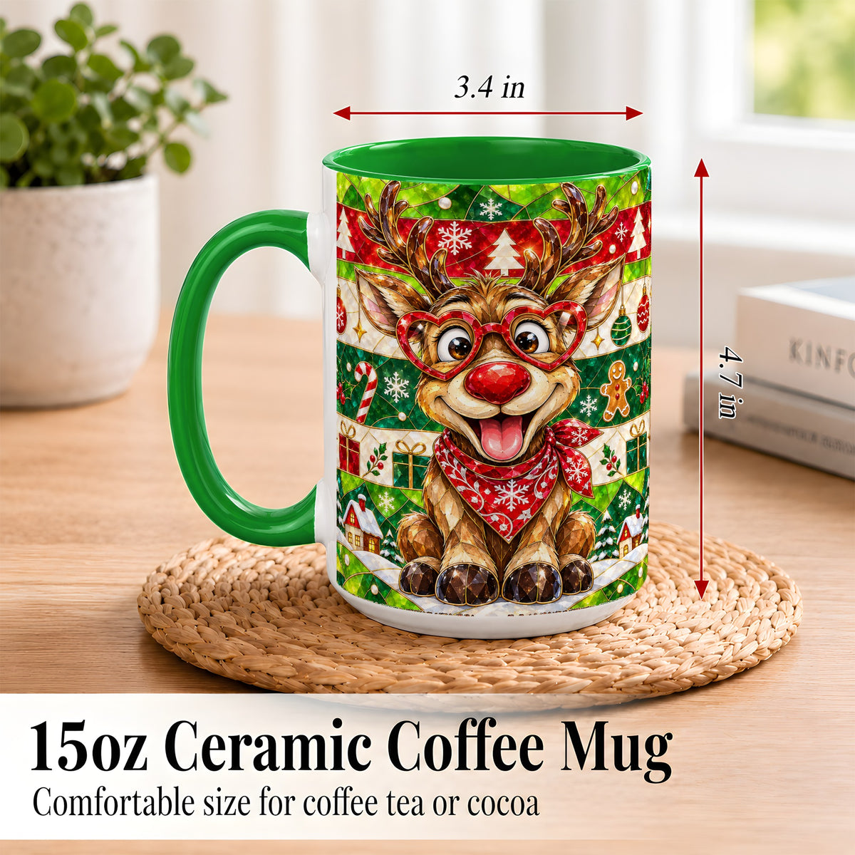 #pl[15oz|Green] Stained Glass Style Reindeer Coffee Mug, Christmas Deer Mug, Ceramic Cup