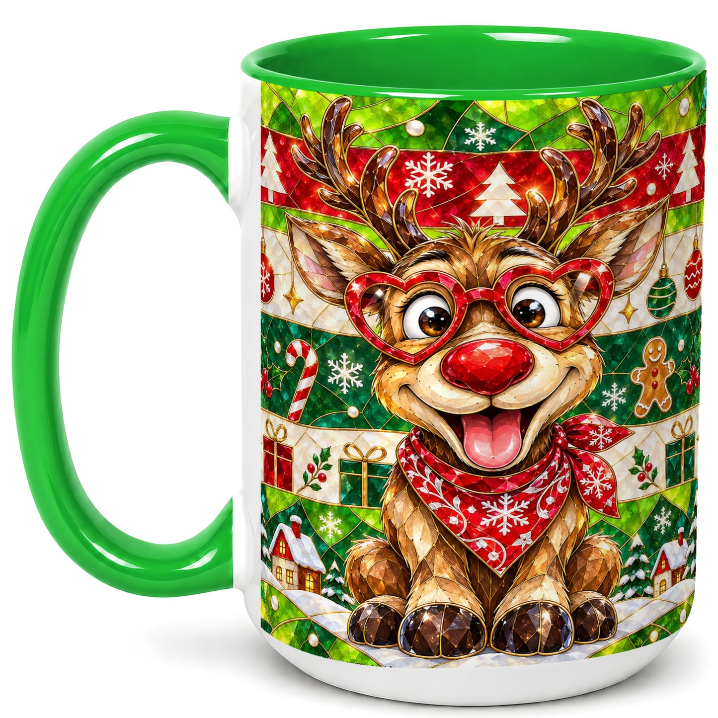 #pl[15oz|Green] Stained Glass Style Reindeer Coffee Mug, Christmas Deer Mug, Ceramic Cup