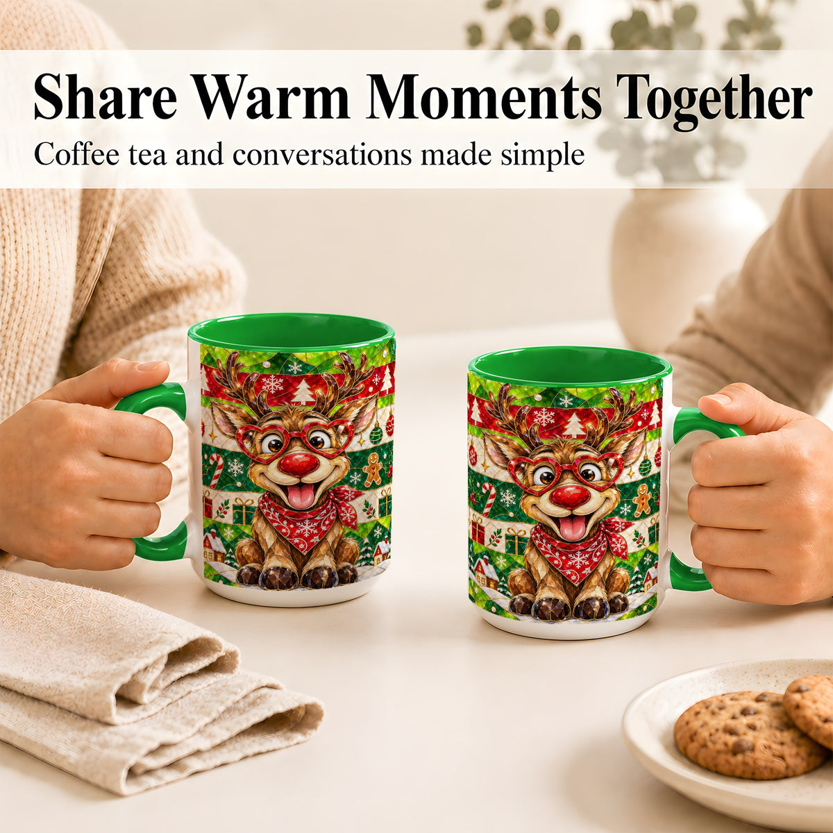#pl[15oz|Green] Stained Glass Style Reindeer Coffee Mug, Christmas Deer Mug, Ceramic Cup