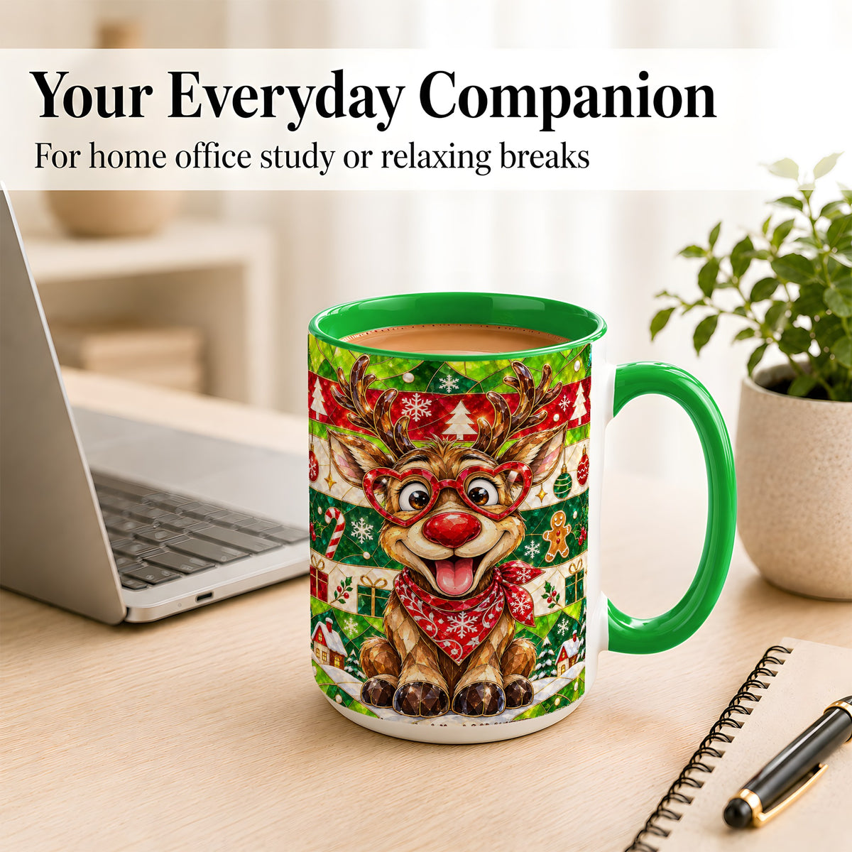 #pl[15oz|Green] Stained Glass Style Reindeer Coffee Mug, Christmas Deer Mug, Ceramic Cup