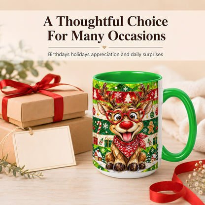 #pl[15oz|Green] Stained Glass Style Reindeer Coffee Mug, Christmas Deer Mug, Ceramic Cup
