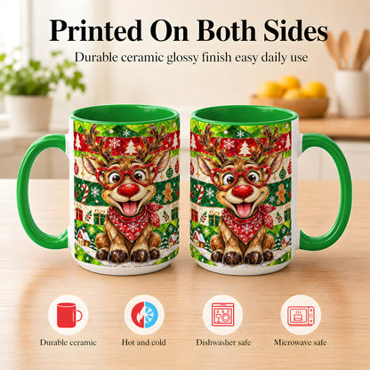 #pl[15oz|Green] Stained Glass Style Reindeer Coffee Mug, Christmas Deer Mug, Ceramic Cup