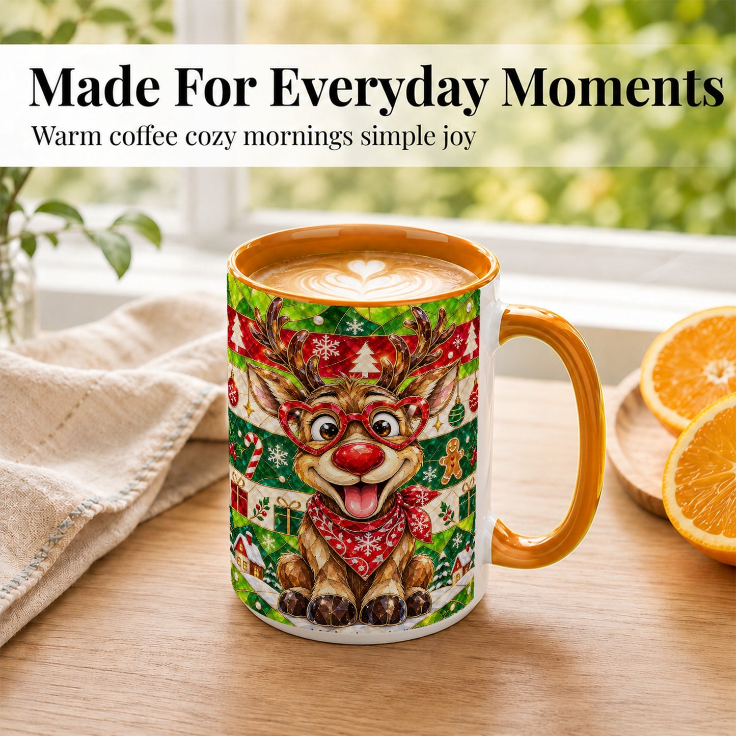 #pl[15oz|Orange] Stained Glass Style Reindeer Coffee Mug, Christmas Deer Mug, Ceramic Cup
