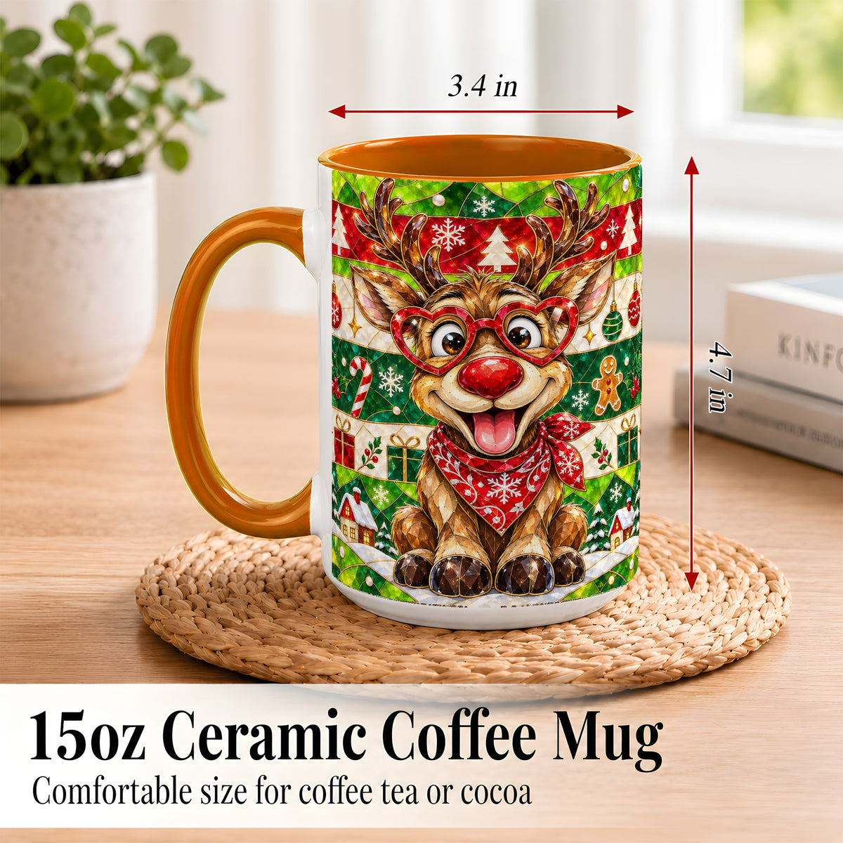 #pl[15oz|Orange] Stained Glass Style Reindeer Coffee Mug, Christmas Deer Mug, Ceramic Cup