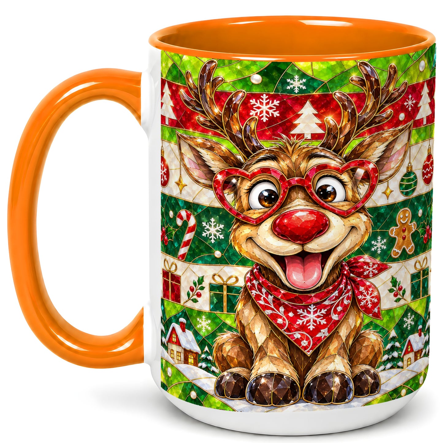 #pl[15oz|Orange] Stained Glass Style Reindeer Coffee Mug, Christmas Deer Mug, Ceramic Cup