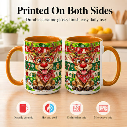 #pl[15oz|Orange] Stained Glass Style Reindeer Coffee Mug, Christmas Deer Mug, Ceramic Cup